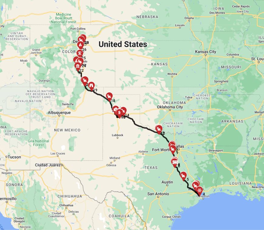 Motorhome route from Houston to Denver